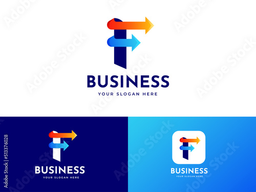 Letter F logo set with arrow icon element geometric gradient graphic alphabet symbol design