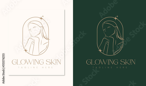 liner art women illustration premium vector green logo design template for cosmetics, skincare, spa, and beauty. beauty logo with cristal, sparkle illustration