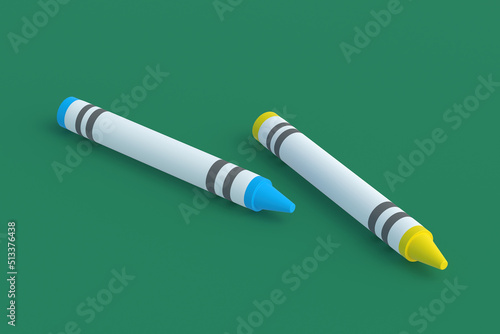 Pair of wax crayons on green background. Colorful pencils. Back to school concept. Preschool education. 3d render