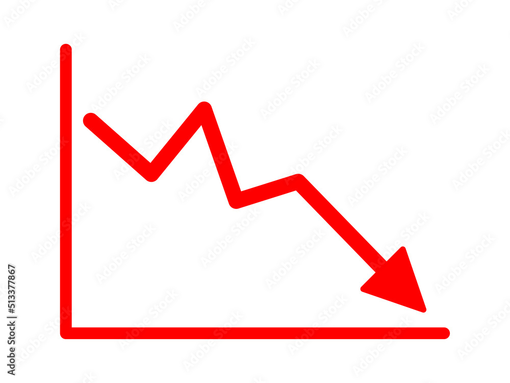 Red arrow going down stock icon on white background. Bankruptcy, financial market crash icon for your web site design, logo, app, UI. graph chart downtrend symbol.chart going down sign. Red arrow going down stock icon on white background. Bankruptcy, financial market crash icon for your web site design, logo, app, UI. graph chart downtrend symbol.chart going down sign.