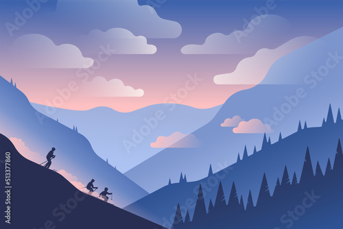 Winter vector landscape illustration with skiing people.