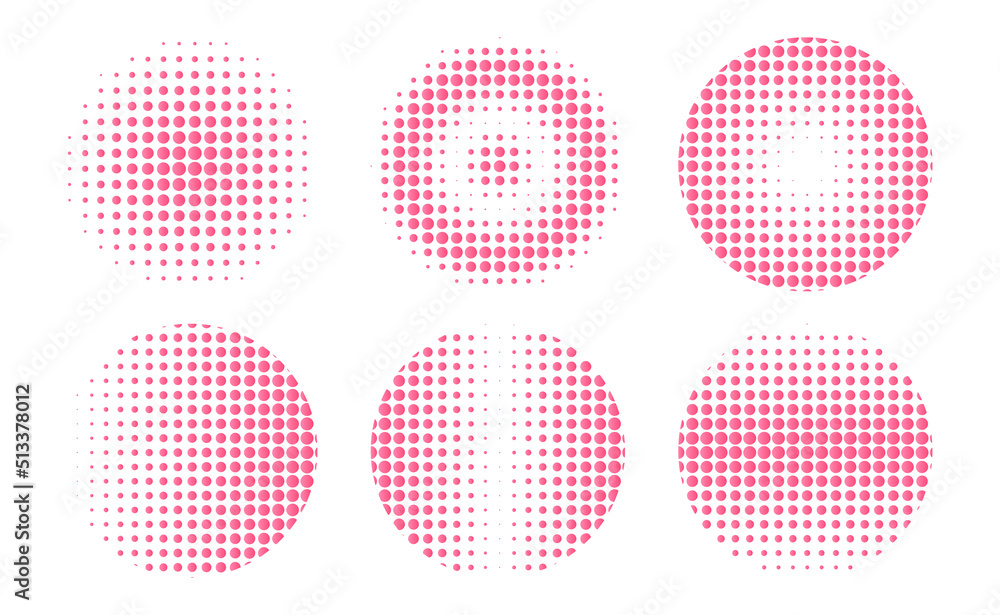 Collection of circular halftones with big dots. Pink halftone free vector