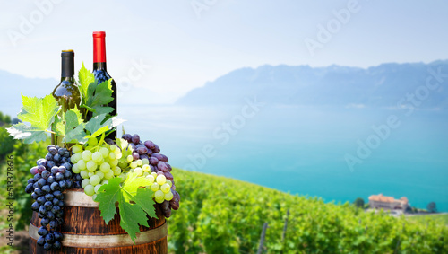 Red and white wine bottles and grapes on wine barrel