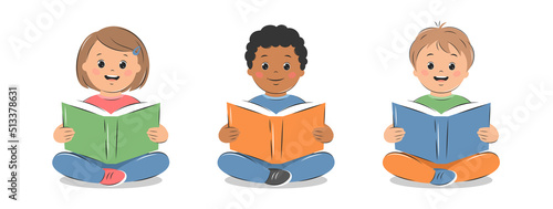 Different kids reading book. Learning and literacy day. Knowledge and education concept. Vector illustration