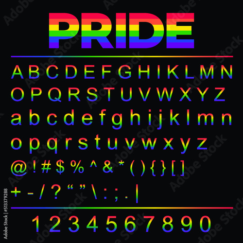 Pride Alphabet Regular Font Colorful Vector. LGBT rainbow flag colors, alphabet letters, and numbers with punctuation marks on a black background.