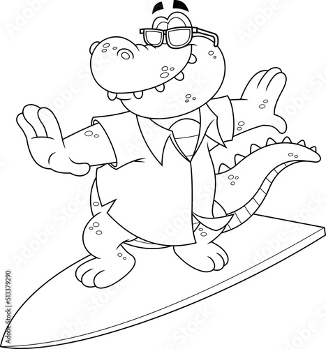Outlined Alligator Or Crocodile Cartoon Mascot Character Surfing. Vector Hand Drawn Illustration Isolated On White Background