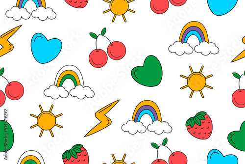 vector pattern of trendy cartoon elements, simple drawings, cherry, rainbow, red strawberry, yellow lightning