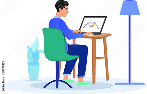 Cool freelancer with Laptop at home young man sitting in Chair and using laptop Illustrations design © Shadhin