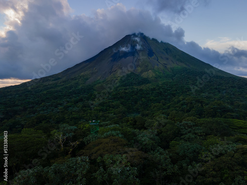 Beautiful aerial view of the Arenal Volcano, the arenal Lagoon, and rain forest in Costa Rica