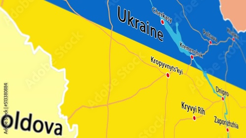 Yellow-blue Map of Ukraine with Borders and Cities 3D Animation photo