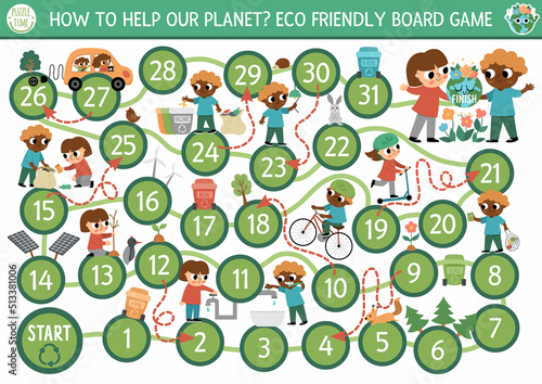 Ecological dice board game for children with kids caring of environment. Earth day boardgame.  Waste recycling printable activity or worksheet. Eco awareness or zero waste activity.