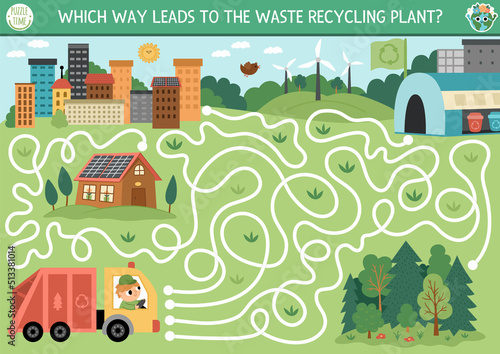 Ecological maze for kids with garbage truck going to waste recycling plant. Earth day preschool activity. Eco awareness or zero waste labyrinth game, puzzle. Nature protection printable worksheet.