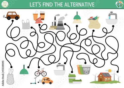 Ecological maze for children. Earth day preschool activity. Eco awareness or zero waste labyrinth game, puzzle. Nature protection printable worksheet with alternative energy and transport concept.