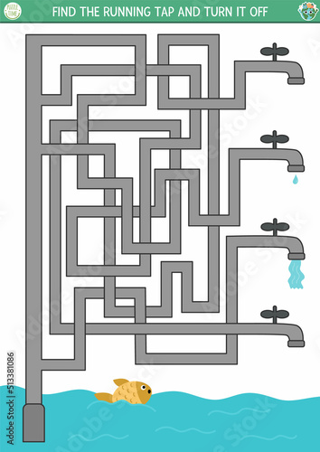 Ecological maze for children with water saving concept. Earth day preschool activity with running tap. Eco awareness labyrinth game with water pipes, faucets, fish.