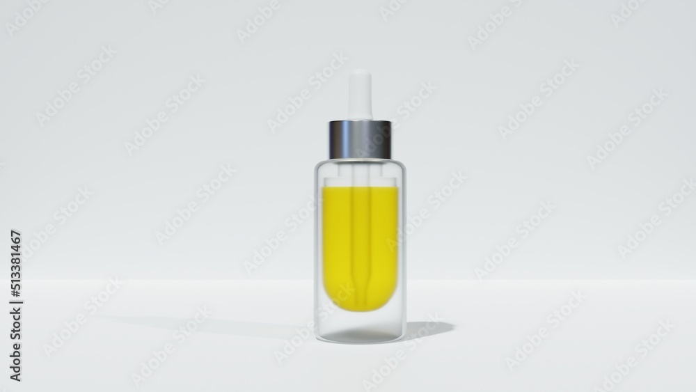 Face oil. Transparent packaging. Isolated on a white background. Copy space. A place for text. Template for cosmetics presentation. 3D illustration for banner, advertising. 3D render. Mock up. Face oil. Transparent packaging. Isolated on a white background. Copy space. A place for text. Template for cosmetics presentation. 3D illustration for banner, advertising. 3D render. Mock up.