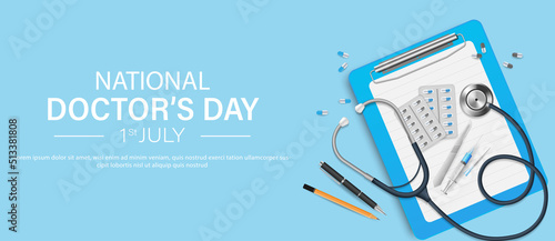 National doctor's day banner template design with stethoscope and medical equipment. vector illustration.