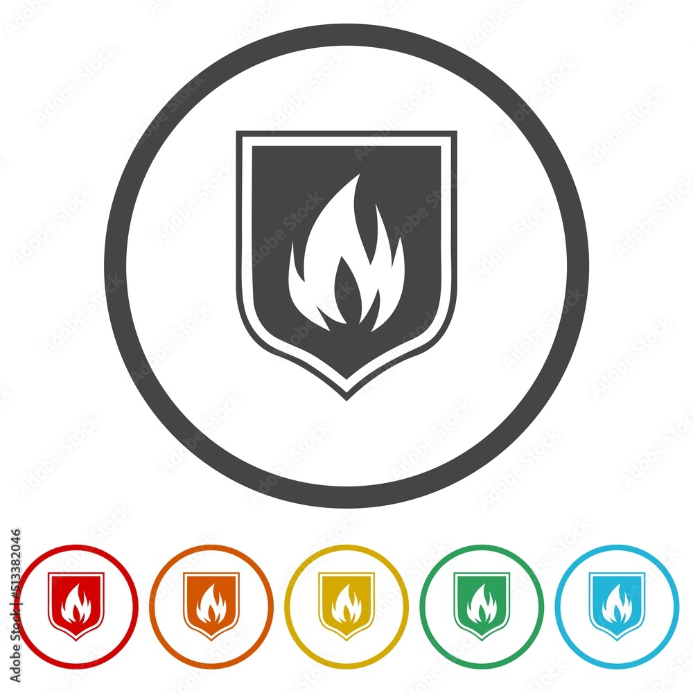 Shield with fire sign icons in color circle buttons Shield with fire sign icons in color circle buttons
