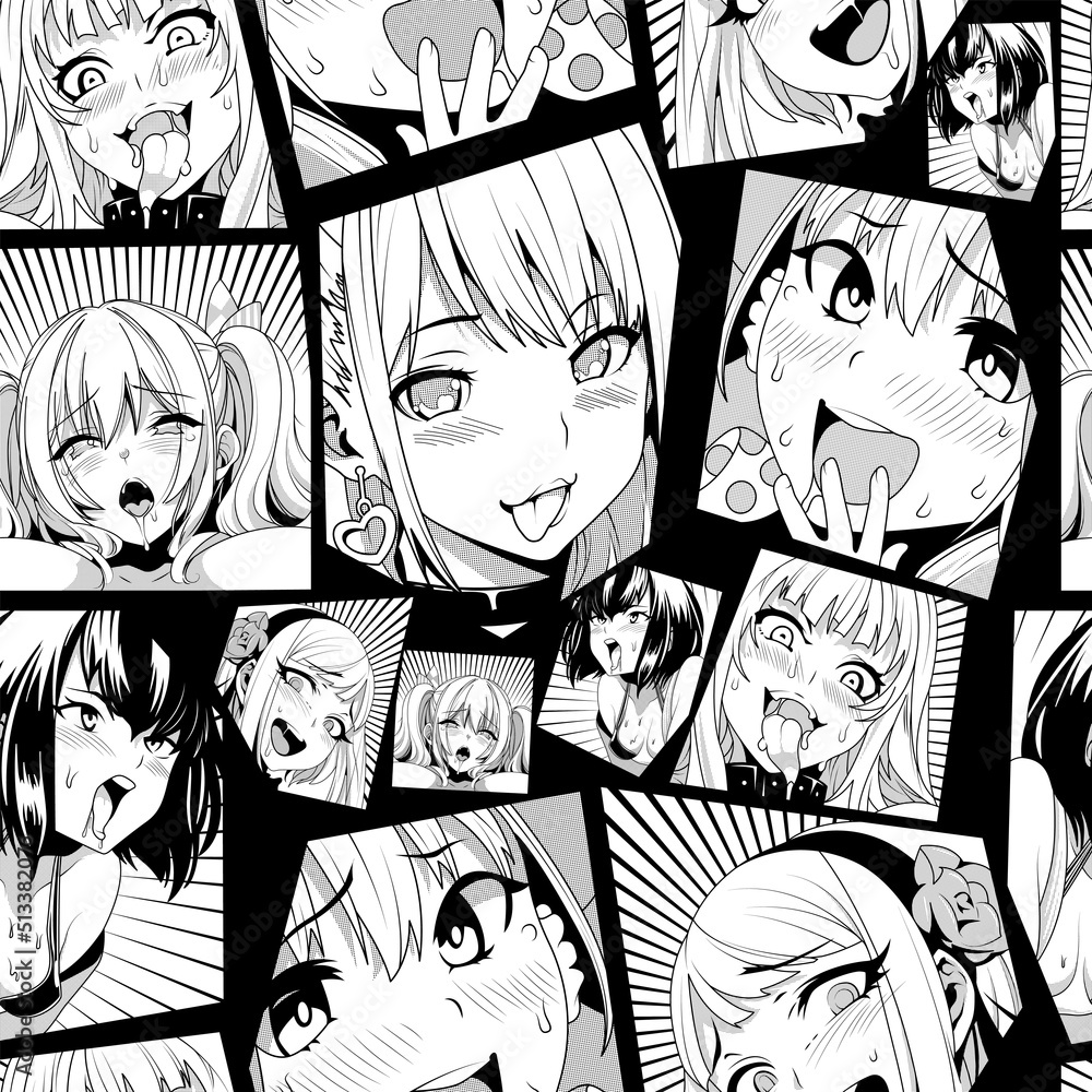 Black vector seamless pattern with ahegao face emotion, illustration manga set. Hand-drawn art for t-shirts, helmets, cars, and wallpapers. concept graphic design element. Isolated on black background - obrazy, fototapety, plakaty 