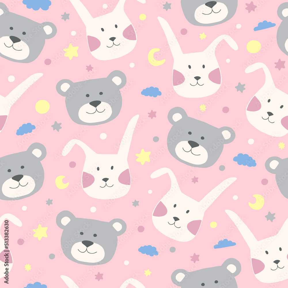 Seamless childish pattern with bunny and bear, clouds, moon and stars. Cute hand drawn animal faces on a pink background. Vector cartoon illustration in pastel colors.