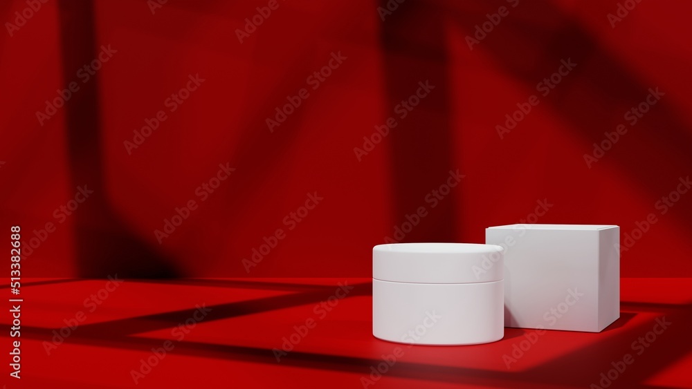 White packaging. Cream. Isolated on red background. Copy space. Place for text. Template for cosmetics presentation. 3D illustration for banner, advertising. 3D render. Mock up. White packaging. Cream. Isolated on red background. Copy space. Place for text. Template for cosmetics presentation. 3D illustration for banner, advertising. 3D render. Mock up.