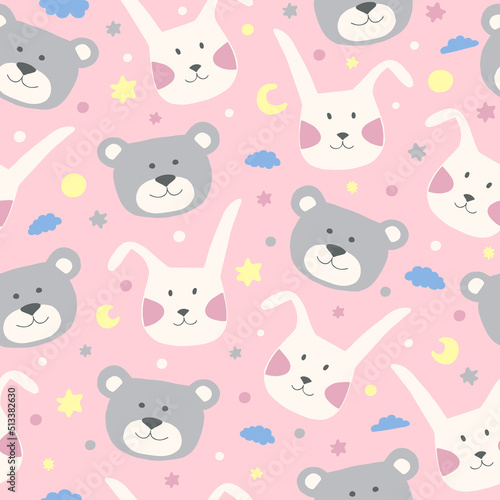 Wallpaper Mural Seamless childish pattern with bunny and bear, clouds, moon and stars. Cute hand drawn animal faces on a pink background. Vector cartoon illustration in pastel colors. Torontodigital.ca
