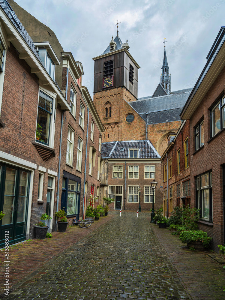 Cobblestone street with beautiful Dutch houses on either side in Leiden, Netherlands