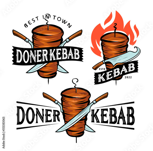 Kebab logo. Turkish food restaurant, barbecue or grill bar, shawarma emblem. Rotating spit with grilled meat symbol