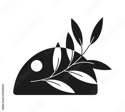 Sketch of a branch of leaves on an isolated background. Black and white illustration