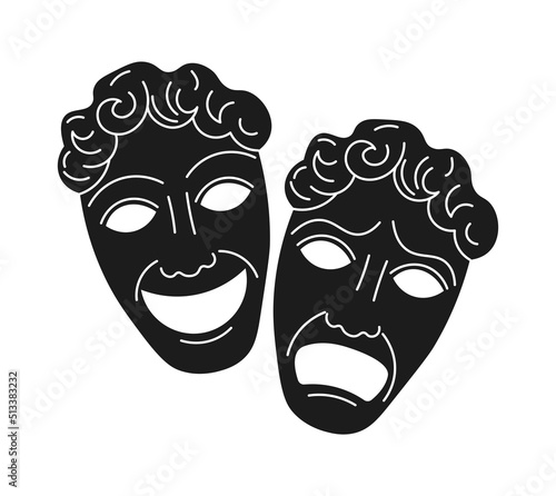 Greek antique comedy and tragedy theater masks. Aesthetic contemporary art. Black and white vector illustration. Modern drawing, abstract art.	