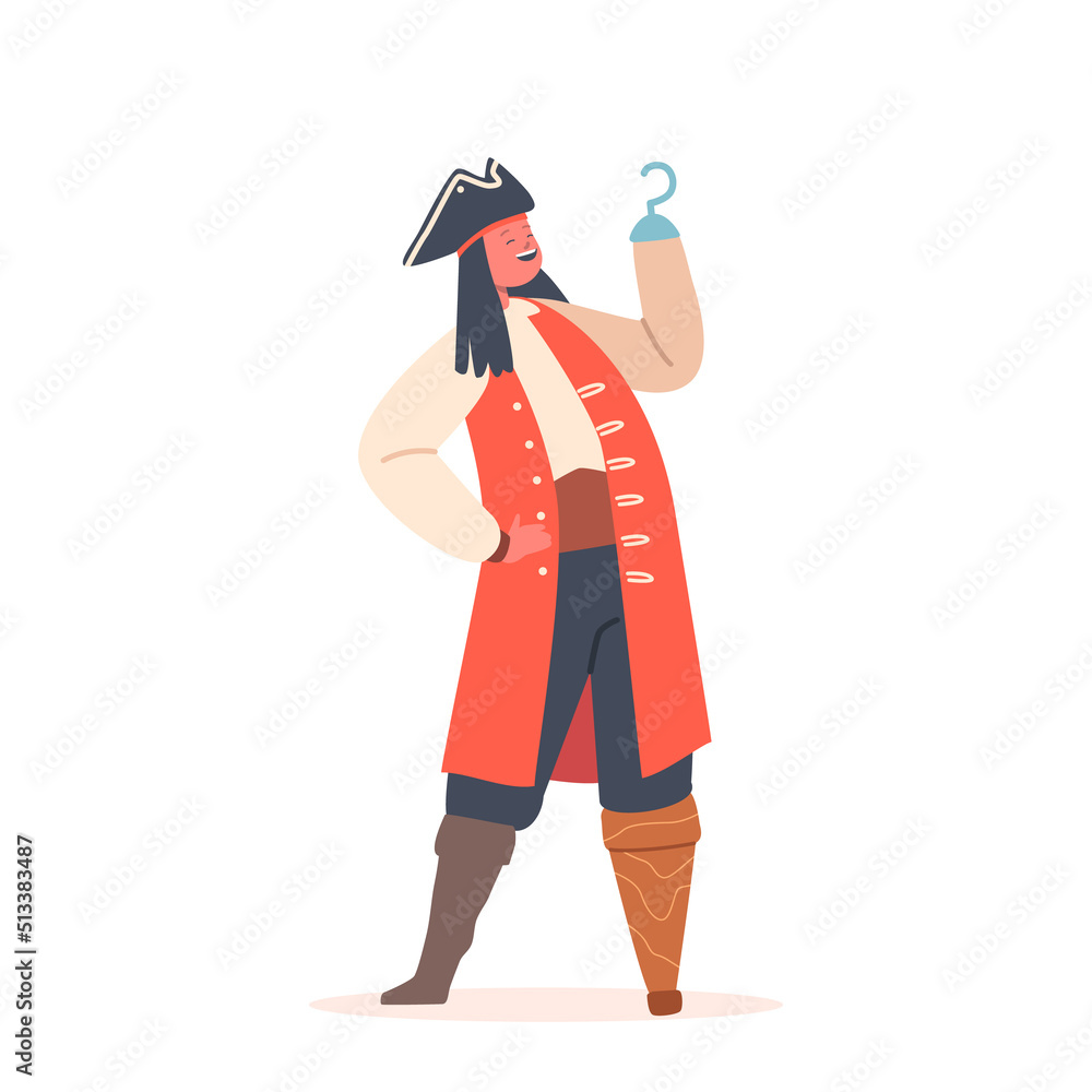 Fototapeta premium Boy in Pirate Costume with Hand Hook and Leg Prosthesis Character Isolated on White Background. Funny Kid Party Fun