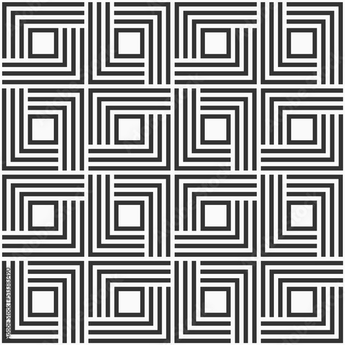 Seamless vector pattern. Black square tiles on white background. Symmetric geometric wallpaper. Trellis motif. Ancient mosaic. Tribal ornament. Black and white background.