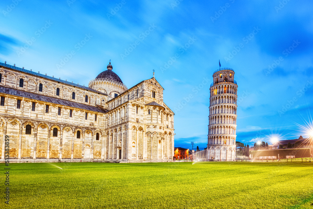Pisa Leaning Tower Torre di Pisa and the Cathedral Duomo di Pisa Illuminated at Dusk, Pisa
