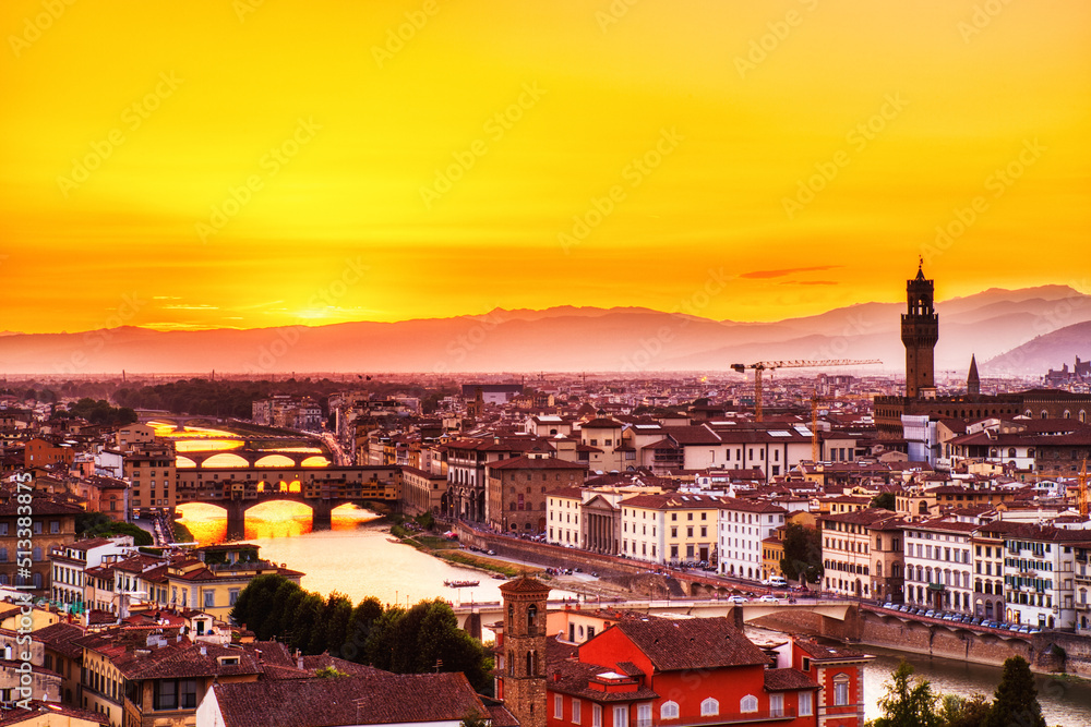Florence Aerial View at Golden Sunset over Ponte Vecchio, Palazzo Vecchio and Cathedral of Santa Maria del Fiore with Duomo