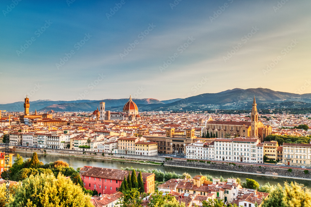 Florence Aerial View at Sunrise over Ponte Vecchio, Italy over Palazzo Vecchio and Cathedral of Santa Maria del Fiore with Duomo