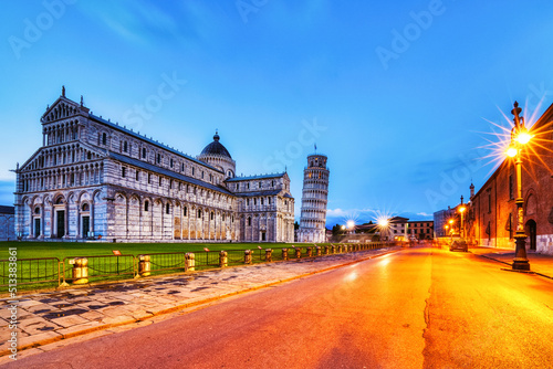 Pisa Leaning Tower Torre di Pisa and the Cathedral Duomo di Pisa Illuminated at Dusk, Pisa