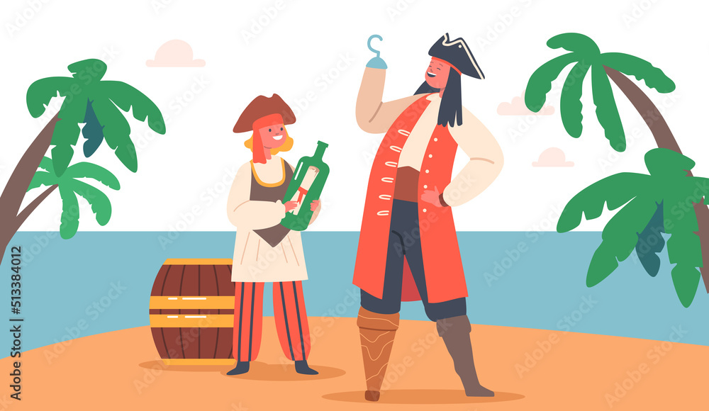 Children Pirates Captain Hook and Sailor Playing on Island, Funny Kids in Picaroon Costumes, Characters with Treasure