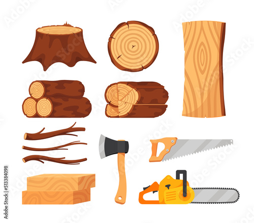 Set of Tree Logs, Wooden Planks and Tools, Timbers and Woodcutter Instruments Chainsaw, Saw, Axe. Tree Branches Heap