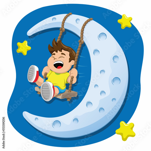 Illustration represents a child playing swing on the moon. Idea for educational materials