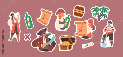 Set of Stickers Children Pirates on Secret Island, Funny Kids Wear Picaroon Costumes with Treasure Chest, Map or Bottle