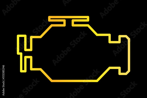 Malfunction indicator icon on car dashboard. Check engine light. Gauge shows broken motor. Isolated vector image of an indicator on a black background.