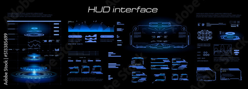 Futuristic blue HUD interface. Custom panel with blue portal hologram and object scanning feature. Virtual graphical user interface for video games