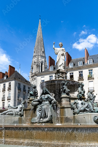 Nantes, beautiful city in France, fountain place Royale, in the historic center, with typical buildings in background 