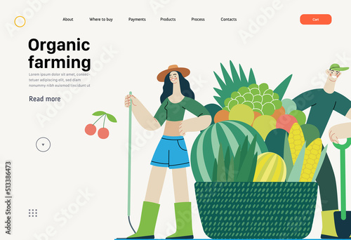 Ecology - Organic farming -Modern flat vector concept illustration of ecology metaphor, a man and a woman with harvest in the basket. Creative landing web page template
