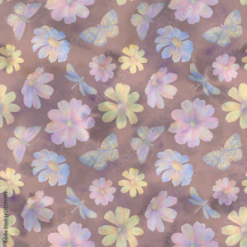 Seamless botanical pattern. Watercolor flowers and butterflies in delicate shades.