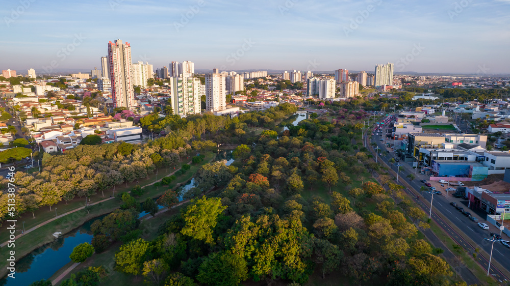 Indaiatuba Ecological Park. Beautiful park in the city center, with trees and houses. Aerial view
