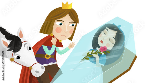 cartoon scene with prince and princess magical sleeping and dwarfs illustration