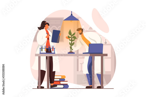 Science laboratory web concept in flat design. Man and woman scientists are studying plant on lab equipment. Biologists doing research. Biotechnology and botany. Vector illustration with people scene
