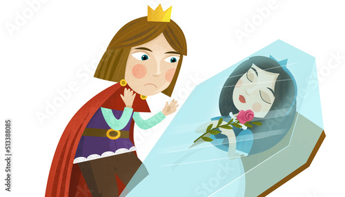 cartoon scene with prince and princess magical sleeping and dwarfs illustration