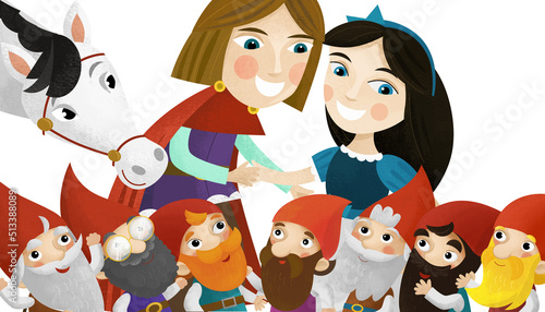 cartoon scene with prince and princess and dwarfs illustration