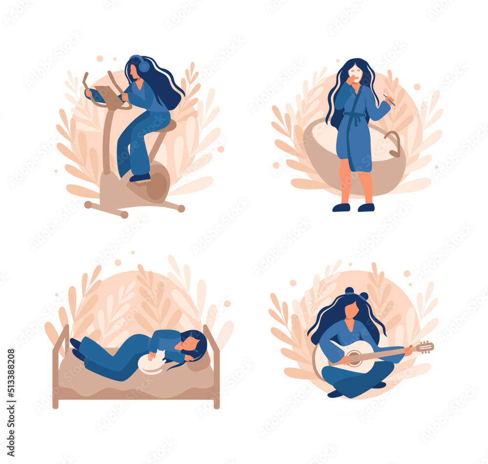 Set of illustrations with the daily life of a girl (woman). 4 illustrations: sports, sleep, guitar, morning routine. Vector, design Set of illustrations with the daily life of a girl (woman). 4 illustrations: sports, sleep, guitar, morning routine. Vector, design